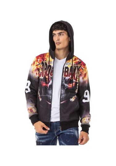 Cipo & Baxx Cl546 Kurukafa Ve Alev Baskılı Erkek Zip Sweatshirt 001