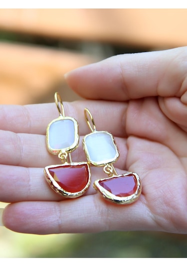 İkili Model Kedigözü Cam Sallantılı Kadın Küpe Euku26k Kırmızı