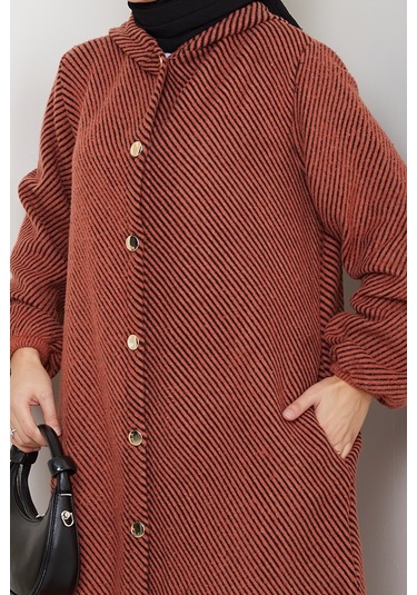 Çizgi Detay Kapüşonlu Kaşe Kap 1634 - Kiremit Kiremit