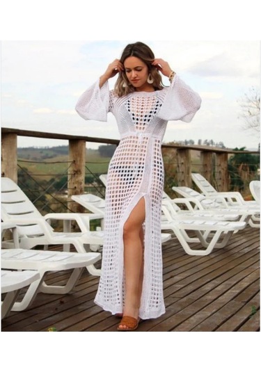 Bohem Uzun Kollu Sarong Oymalı Plaj Elbisesi Siyah