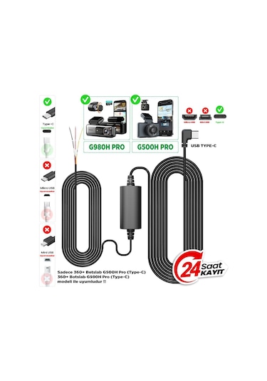 360+ Botslab G980H Pro/G500H Pro Type-C Araç İçi Kamera Park Modu Akü Bağlantı Kablosu (24 Saat Kayıt)