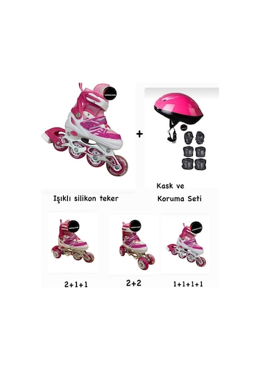 Işıklı Çocuk Pateni Ayarlanılabilir Silikon Tekerli Frenli Metal Gövdeli Paten Ve Kask Dizlik Set Pembe