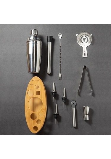 Pazly By-011 11'lı Oval Ahşap Standlı Çalkalayıcı Seti 350ml Barmenlik Paslanmaz Çelik Bambu