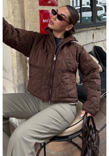 Acı Kahverengi Dik Yaka Kapitone Kadın Mont Mg2568 Acı Kahverengi