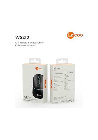 Lecoo WS210 Kablosuz 1600DPI 6 Tuşlu Çift Modlu RGB Şarj Edilebilir Sessiz Mouse