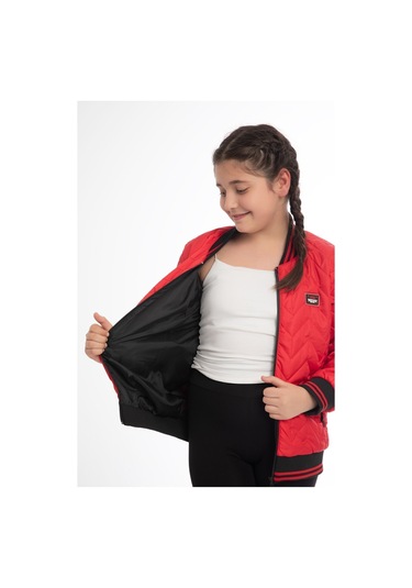 Kız Çocuk Kırmızı Kolej Yaka İçi Astarlı Su Ve Rüzgar Geçirmez Fermuarlı Cep Mont Kırmızı