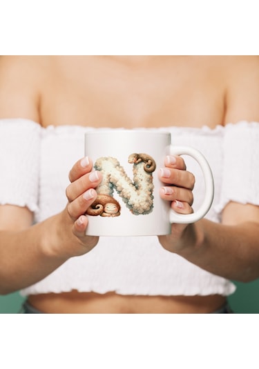 N Harfi Tasarım Bardak, Sevimli Hayvan Temalı Harf Bardağı Beyaz