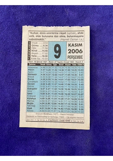 9 Kasım 2006 Takvim Yaprağı - Nostalji Koleksiyonluk Takvim Yaprağı