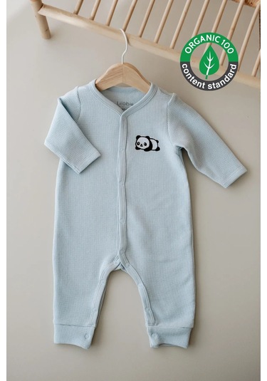 Lilabio Uzun Kollu Nakış İşlemeli Waffle Kumaş Bebek Tulum Mavi
