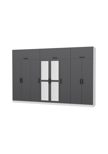 Minar Kale 8 Kapaklı 2 Aynalı 2 Ç Dolap Ve Yüklük Beyaz Antrasit 255cm Çok Renkli