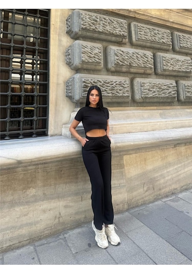 WeShaya Siyah Modal Polyester Dokulu Bisiklet Yaka Takım Siyah