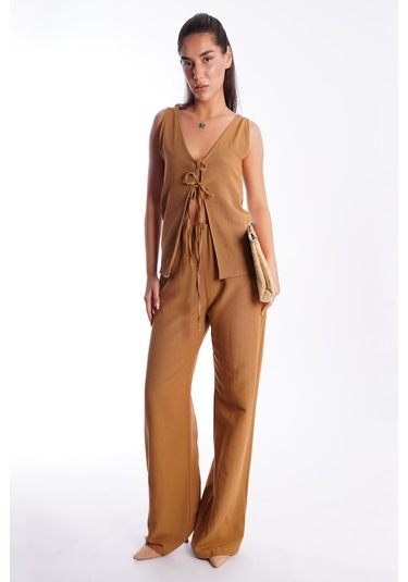 Madmext Camel Önü Bağlamalı Yelek Pantolon Kadın Takım Mg2403