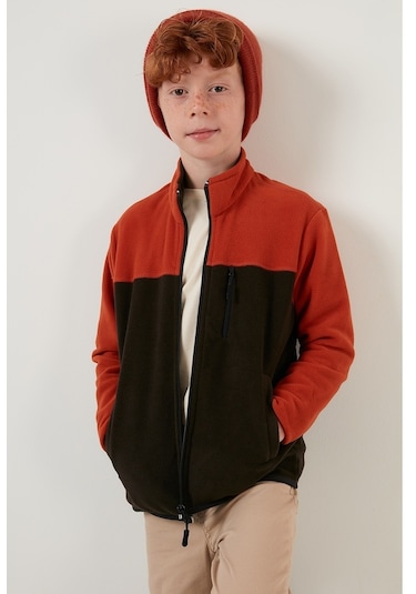 Lela Yumuşak Dokulu Fermuarlı Renk Bloklu Dik Yaka Cepli Hırka Unisex Çocuk Polar 5905001 Orange-Antrasit