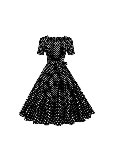 Vintage Puantiyeli Elbise Klasik Film Tarzı Tasarım Kare Zarif Zamansız Retro Yaka Kadın Elbise Siyah