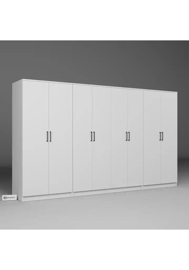 Kardelen Serisi 300 Cm Mat Beyaz 8 Kapılı 13 Raflı Elbise Dolabı - Gardırop Seti Beyaz
