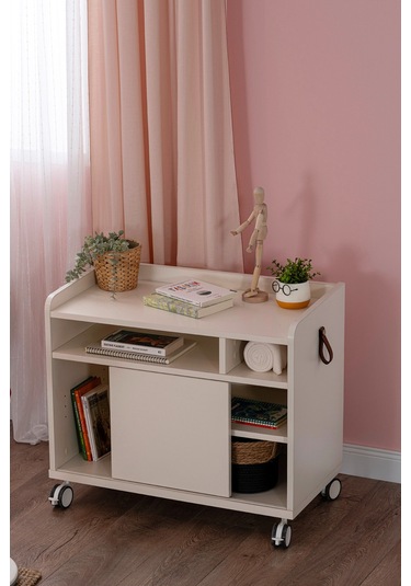 Creo Mobili Sürgü Kapaklı Organizer Smart Keson, Frenli Tekerlekli Ofis Ve Ev Komodini, Ekru