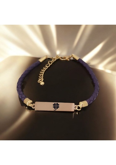 Archin Kalpli Çiçek Temalı Dikdörtgen Motifli Mor Derili 14 Ayar Altın Plakalı Hediye Bileklik-412sembol Kalpli Çiçek