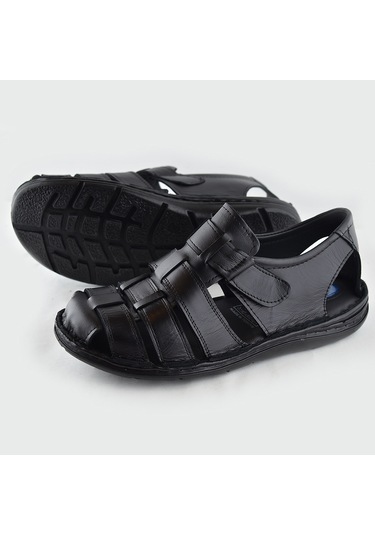 Ayakkabiburada 033 Topuk Jelli Hakiki Deri Erkek Sandalet Ayakkabı Siyah