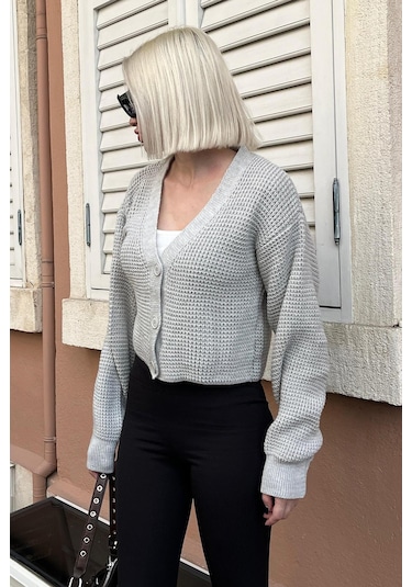 Madmext Gri Uzun Kollu Düğmeli Crop Hırka Mg2198 Gri