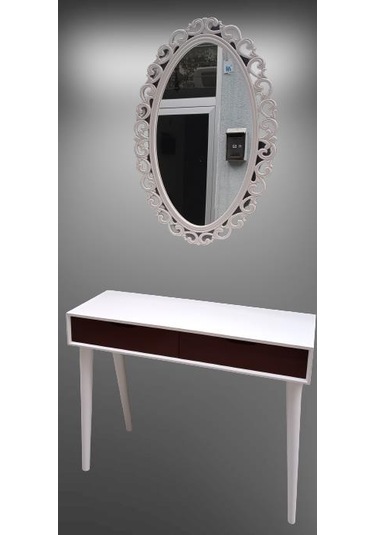 Dresuar Ahşap Kayın Retro Ayak Çift Çekmece Motifli Ayna Beyaz Ceviz El Yapımı Beyaz