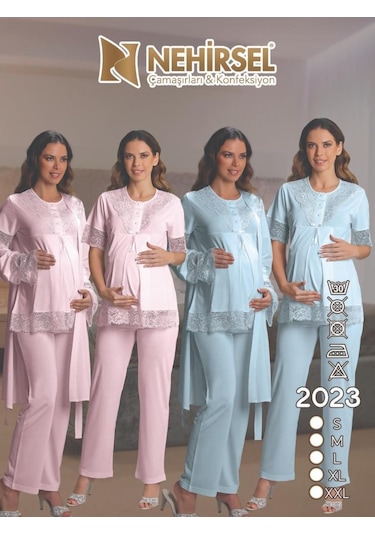 Nehirsel 2023 Mavi Hamile Lohusa 3 Lü Pijama Sabahlık Tk 001