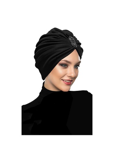 Dizayn Tüllü Kristal Taş İşlemeli Çift Taraflı Astarlı Siyah Hazır Türban Tesettür Abiye Bone Siyah