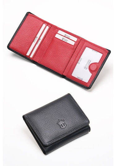 Ancora Leather Hakiki Deri Gizli Mıknatıslı Ünisex Cüzdan-46200 Siyah - Kırmızı