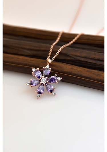 925K Gümüş Zincirli Ametist Taşlı Rose Lotus Kamelya Çiçeği Kolye