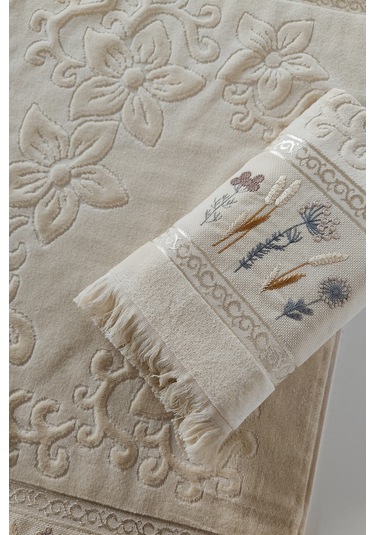 2'li Nakışlı Jakarlı Kadife El Yüz Havlusu - %100 Pamuk - Kapuçino Cappuccıno Cappuccino