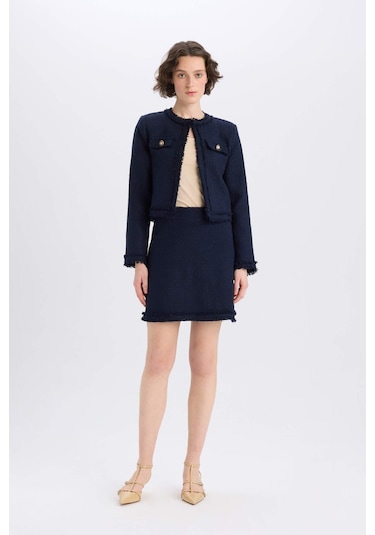 DeFacto 	A Kesim Yüksek Bel Basic Düz Tweed Mini Etek D2870AX25SPNV28 Lacivert