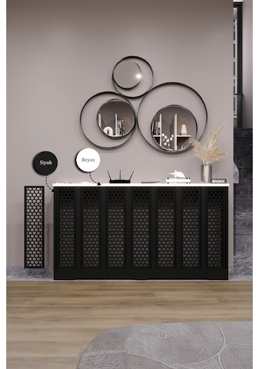 Bodrum Model, Siyah Üstü Beyaz Renk, 136 Cm Petek Kaplama, Dresuar Siyah