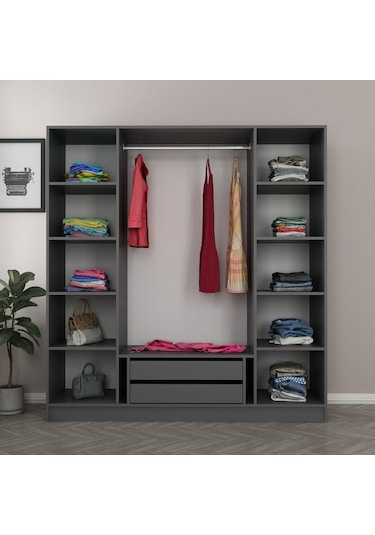 Minar Kale 4 Kapaklı 2 Aynalı 2 Çekmeceli Dolap Antrasit Dore 210cm Çok Renkli