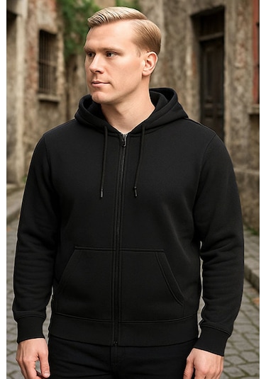 Siyah Kapşonlu Fermuarlı Sweatshirt Siyah