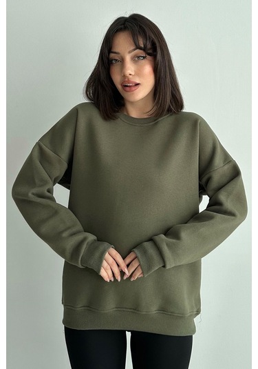 Kadın Haki Bisiklet Yaka Oversize Sweatshirt Haki