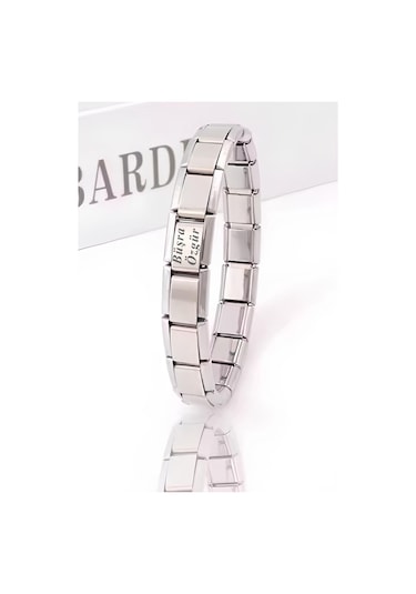 Takı Dükkanı Kişiye Özel İsim Yazılı İtalyan Charm 21cm Çelik Bileklik Scb62 Beyaz