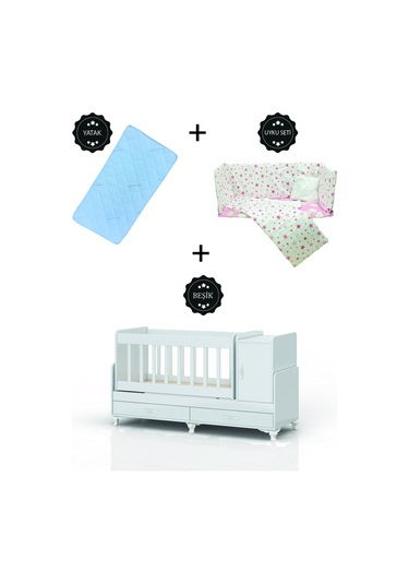 Karyola Olabilen Sallanır Beşik + Uyku Setli + Yatak Beyaz