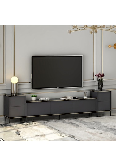 İmaj Tv Ünitesi Ve Komodin Set Traverten/gold, Oturma Odası Set, Tv Sehpası - Antrasit Antrasit