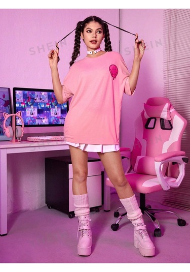 T-shirt - Baskılı Oversize Bisiklet Yaka Kısa Kol Pembe Tişört Pembe
