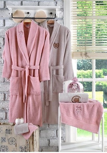 Güvenal Rüya 10 Parça Nakışlı Bornoz Seti | Bornoz Takımı Kahverengi - Pudra