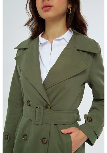 %100 Pamuk Ekstra Uzun 120cm Kruvaze Kadın Trençkot 1121 Haki