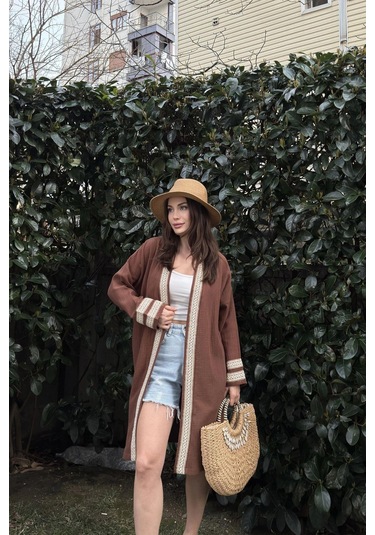 Kadın Kahve Müslin Kumaş, Hasır Şerit Detaylı Salaş Kimono Ceket Kahve