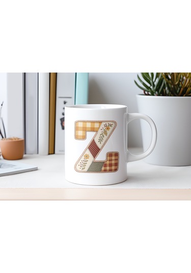 Z Harfi Sonbahar Kış Temalı Yamalı Tasarım Kupa Bardak - Etnik Ve Pathwork Severlere Özel Hediye Beyaz