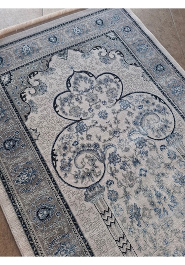 İpek Halı Kalitesinde Seccade 80x125 Cm Yumuşak Viscon İplik, Hediyelik Ve Çeyizlik Namazlık Turkuaz & Krem