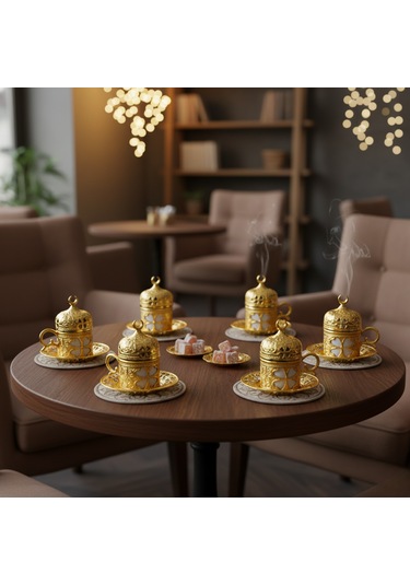 Yonca Desenli 6 Kişilik Porselenli Kapaklı 24 Parça Altın Renk Fincan Seti Altın
