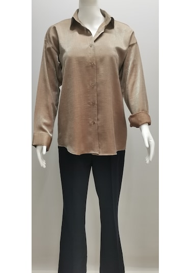 Kadın Uzun Kollu Düğmeli Salaş Parlak Dokuma Kumaş Kahve Rengi Kahverengi