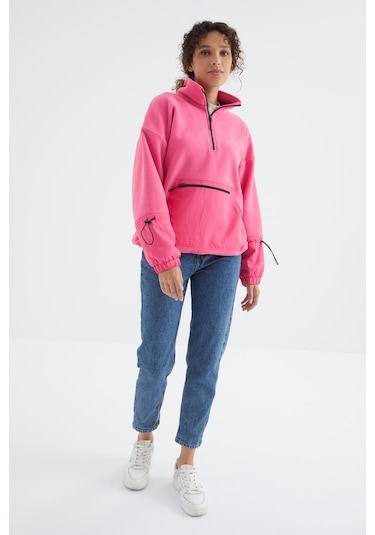 Tommy Life Şeker Pembe Etek Ucu Büzgülü Yarım Fermuarlı Oversize Kadın Polar Sweatshirt - 97238 Şeker Pembe