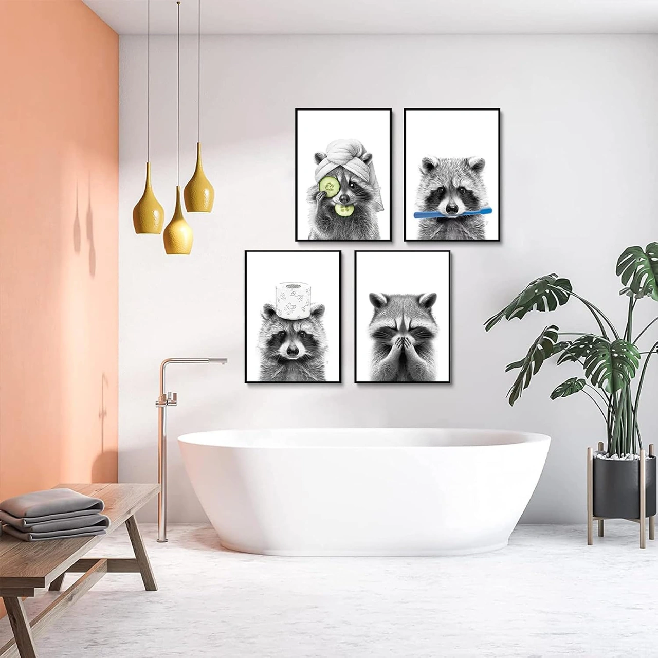 Dofolink Ev Dekorasyonu Banyo Duvar Sanatı: Zürafa Köpek Fil Figürlü Komik Posterler 4 Adet , 25x20 Cm Duşakabin Duvar Dekoru Siyah