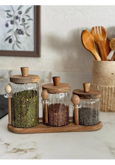 Qerhome Akasya Standlı Akasya Kapaklı 3'lü Borosilikat Cam Baharatlık Seti 450 - 550-750 Ml Beyaz