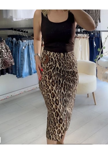 Leopar Tokalı Etek Kahverengi