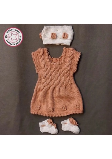 Uretti - Talia 8659 - 5678 El Örgüsü Kız Çocuk Elbise - Bandana - Patik Üçlü Takım - 6 / 9 Ay Gülkurusu